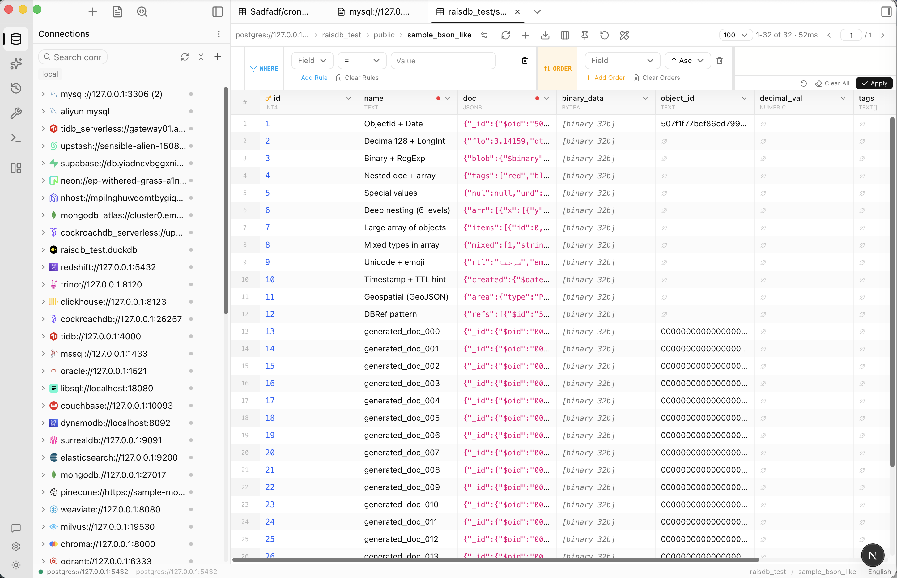 Query Editor — The RaisDB desktop client: a list of database connections on the left, and a data table view with a visual query builder on the right